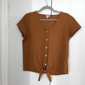 mustard tie-front, short-sleeved Madewell top